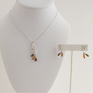 Sterling Silver Amber Stone Pendant Necklace and Earring Jewelry Set Leaf Branch